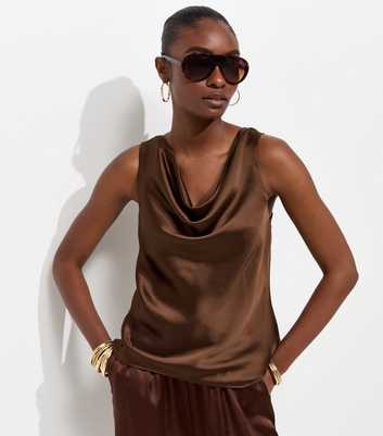 Dark Brown Satin Cowl Neck Sleeveless Top