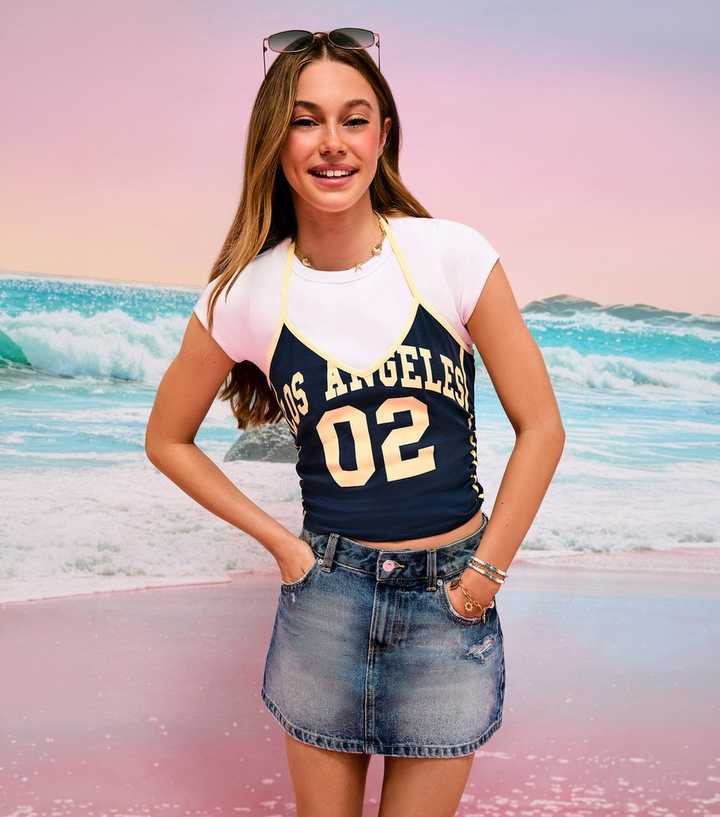 Girls Navy Cotton Rich Los Angeles 02 Print Halter Neck Top