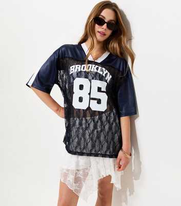 Girls Navy Lace Longline Football Top