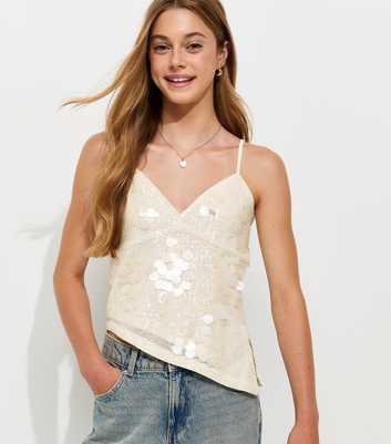 Girls Off White Scattered Sequin Asymmetric Cami Top