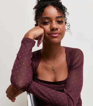 Girls Dark Burgundy Gem Embellished Square Neck  Long Sleeve Top