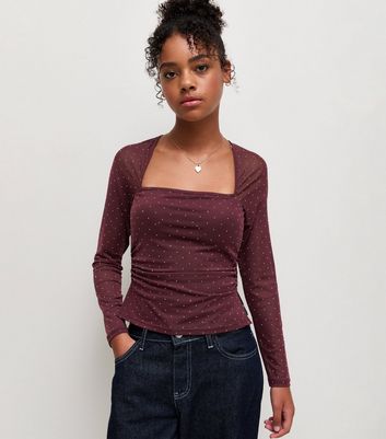 トップス ANDMARYBobby girls tops Girls Dark Burgundy Gem Embellished Square Neck Long Sleeve Top