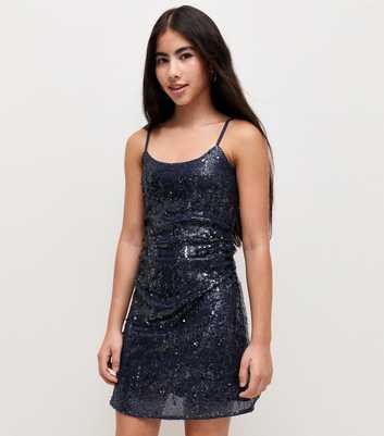 Girls Navy Strappy Sequin Dress