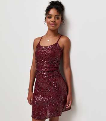 Girls Dark Burgundy Strappy Sequin Dress