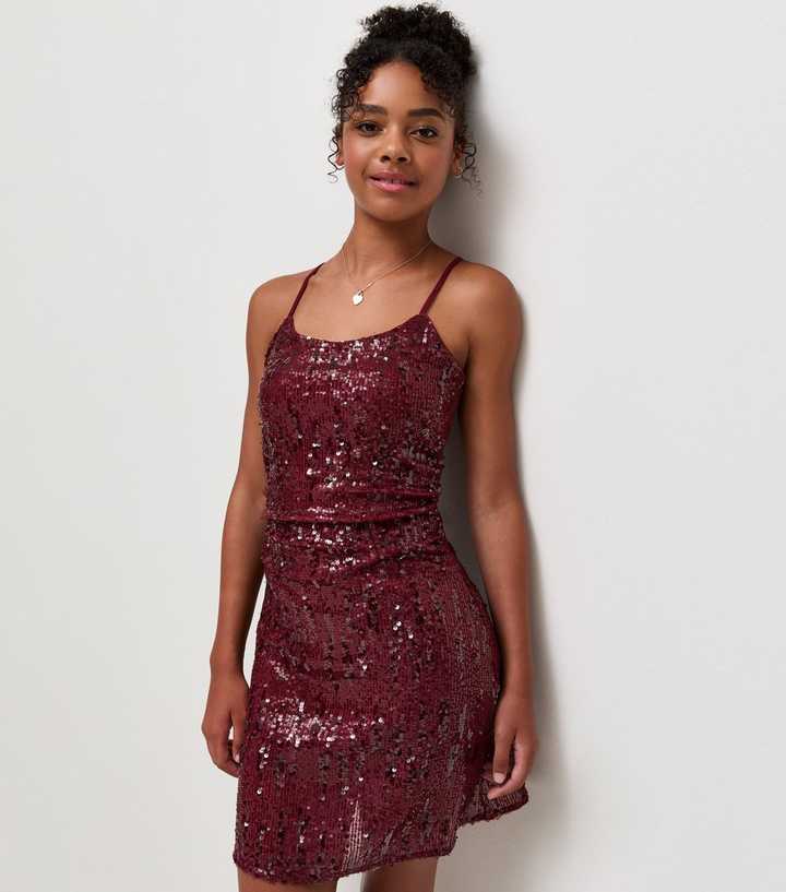 Girls Dark Burgundy Strappy Sequin Dress