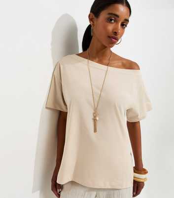 Stone Cotton Off The Shoulder T-Shirt