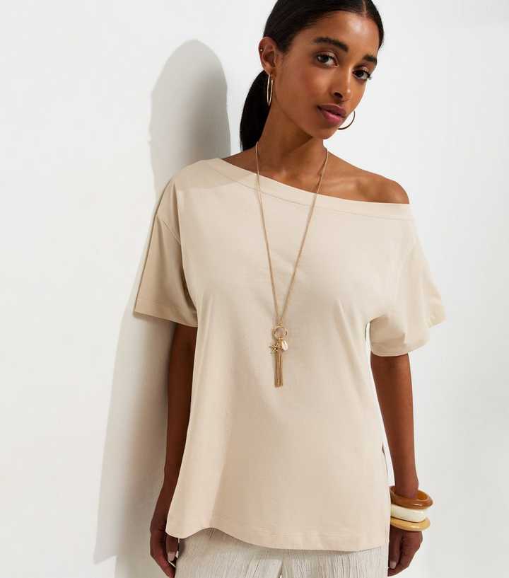Stone Cotton Off The Shoulder T-Shirt