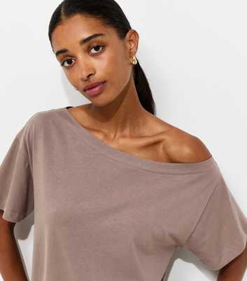 Brown Cotton Off The Shoulder T-Shirt