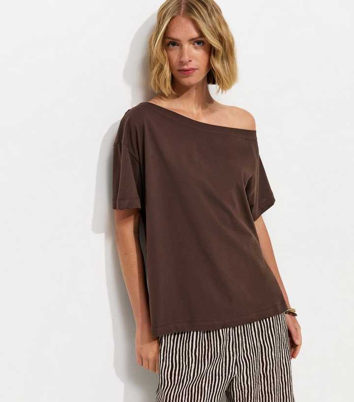 Dark Brown Cotton Off The Shoulder T-Shirt