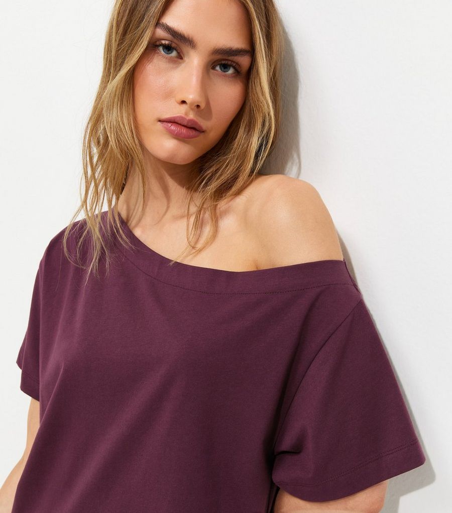 Dark Burgundy Cotton Off The Shoulder T-Shirt
