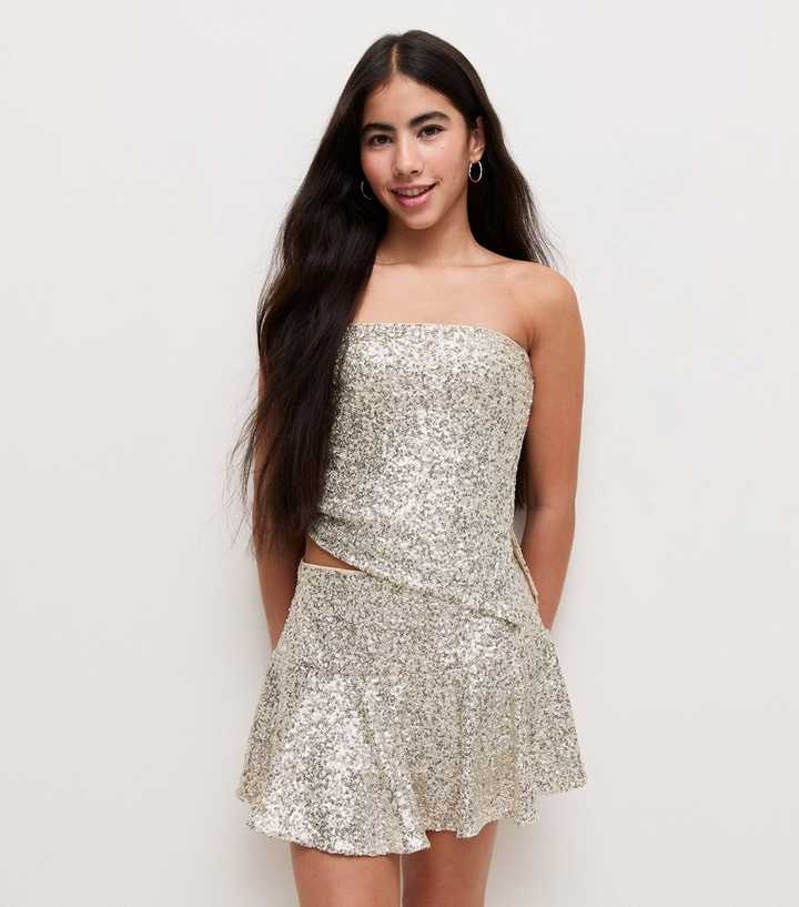 Girls Gold Sequin Embellished Godet Skort