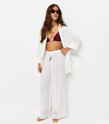 Petite White Crochet Trim Wide Leg Beach Trousers