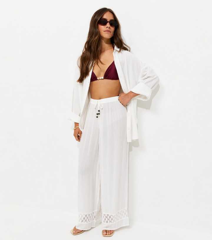 Petite White Crochet Trim Wide Leg Beach Trousers