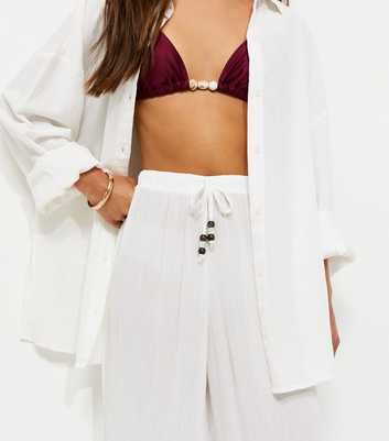Petite White Crochet Trim Wide Leg Beach Trousers