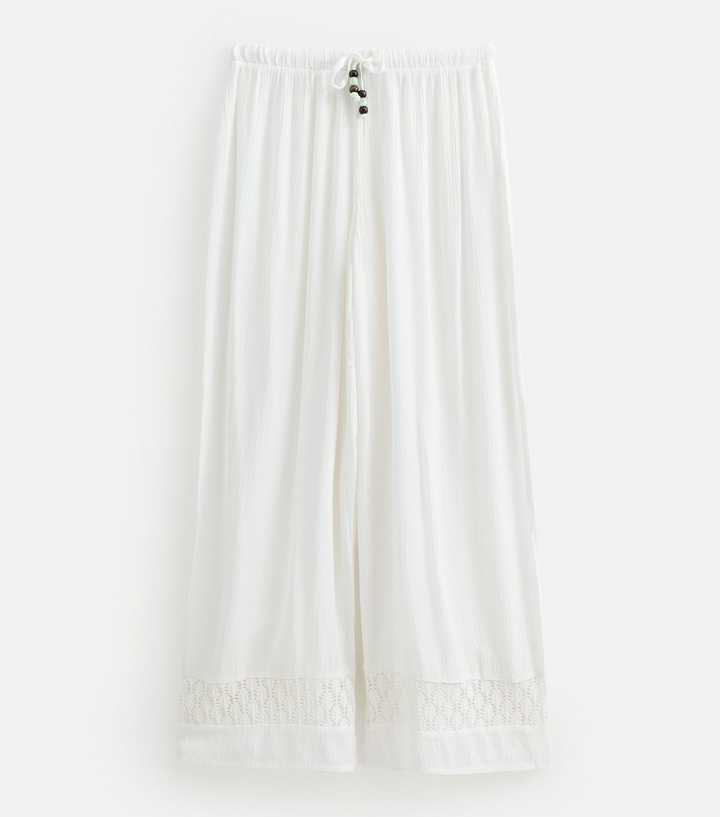 Petite White Crochet Trim Wide Leg Beach Trousers