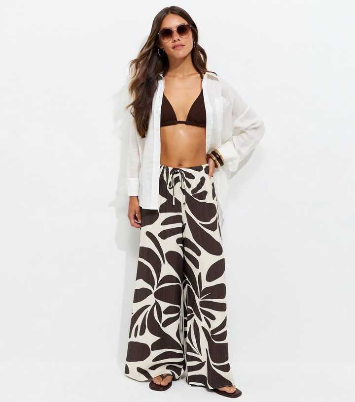 Petite Brown Abstract Flower Print Beach Trousers