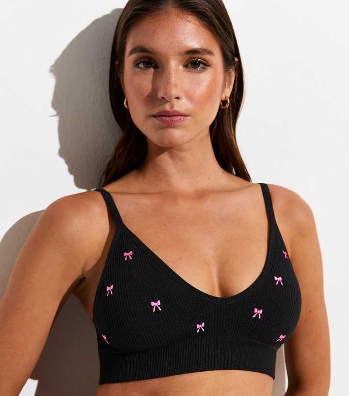 Black Bow Embroidered Ribbed Seamless Scoop Neck Bra