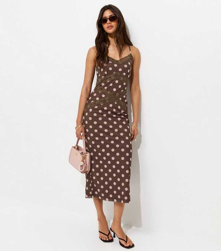 Brown Spot Print Lace Trim Mesh Midi Dress | New Look