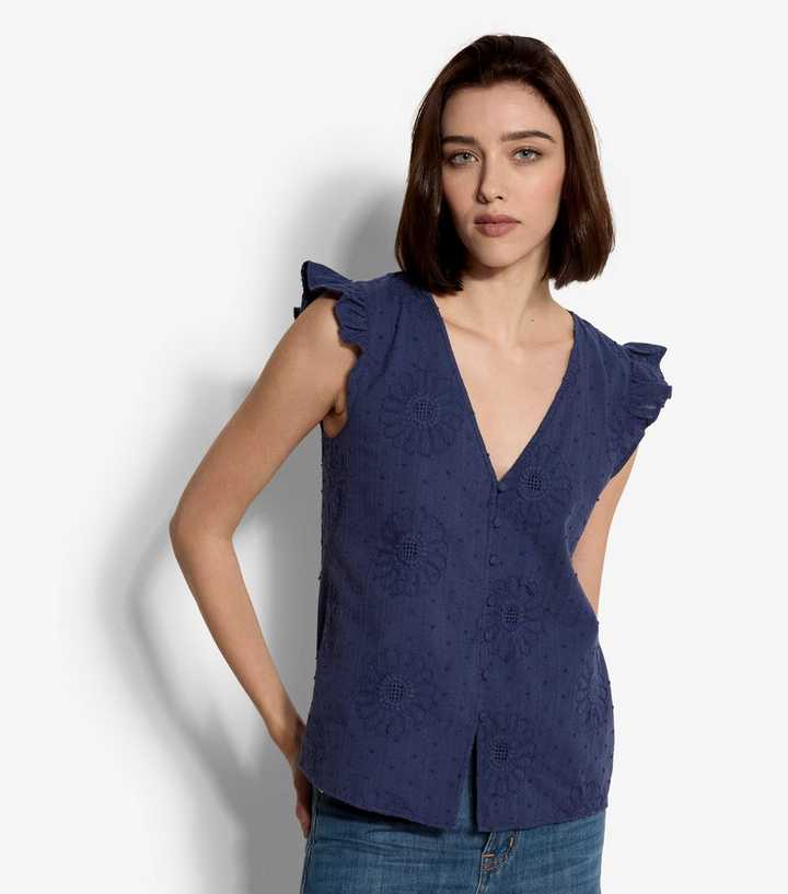 Apricot Dark Purple Cotton Embroidered Daisy Button Up Top