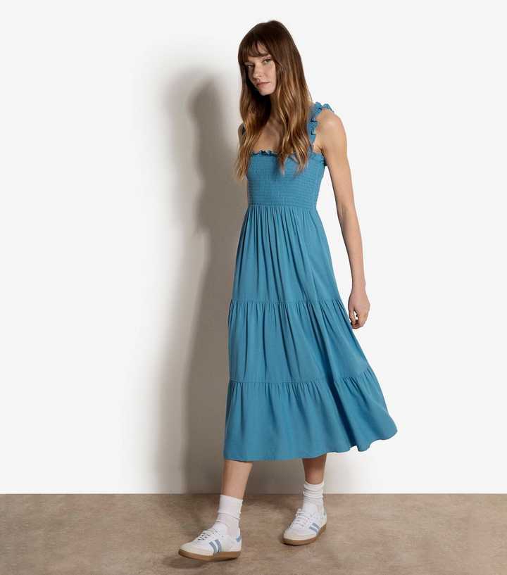 Apricot Light Blue Tiered Smock Midi Dress