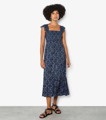 Apricot Blue Floral Ruffled Strap Midi Dress