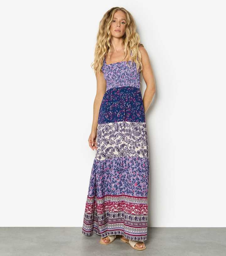 Apricot Purple Shirred Patchwork Maxi Dress