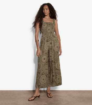 Apricot Dark Khaki Printed Wide Leg Jumpsuit