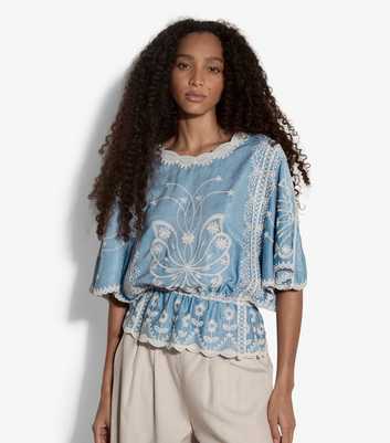 Apricot Blue Embroidered Batwing Top