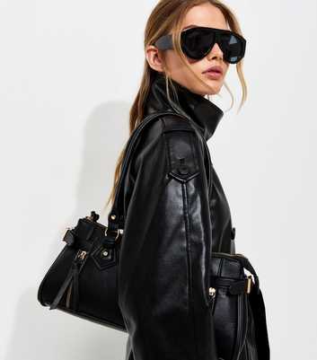 Black Faux Leather Funnel Neck Belted Jacket