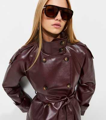 Dark Burgundy Faux Leather Funnel Neck Belted Jacket