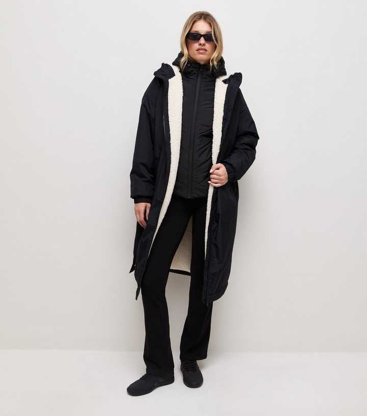 Black Fleece Lined Long Line Raincoat