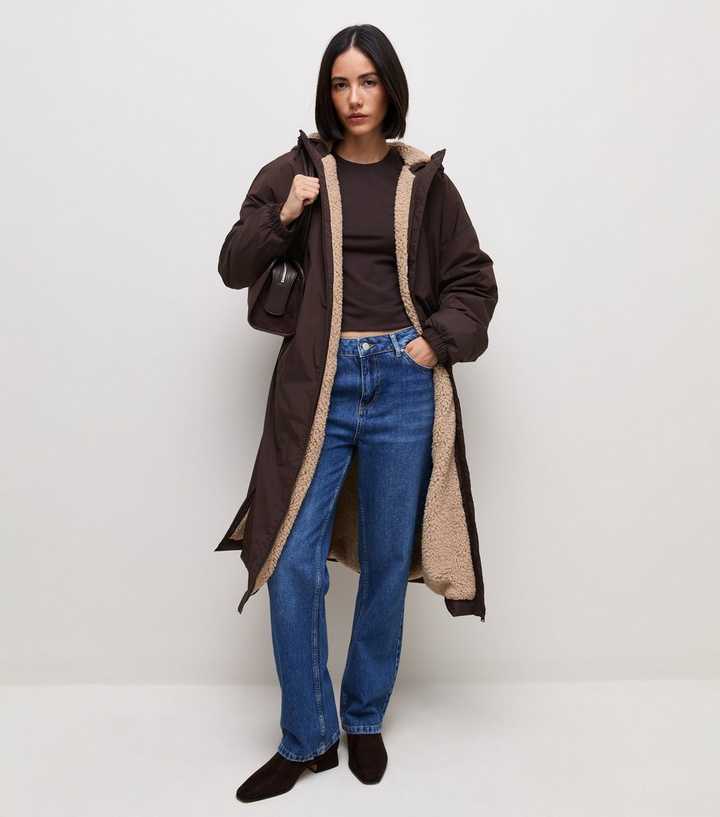Dark Brown Faux Fleece Lined Long Line Raincoat
