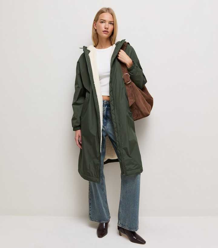 Dark Khaki Fleece Lined Long Line Raincoat