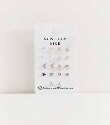 Pack of 9 Silver Tone Mixed Stud Earrings