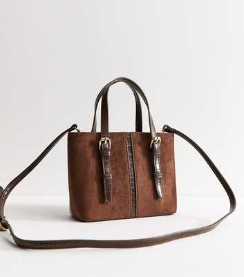 Dark Brown Faux Leather and Suede Buckle Strap Crossbody Bag