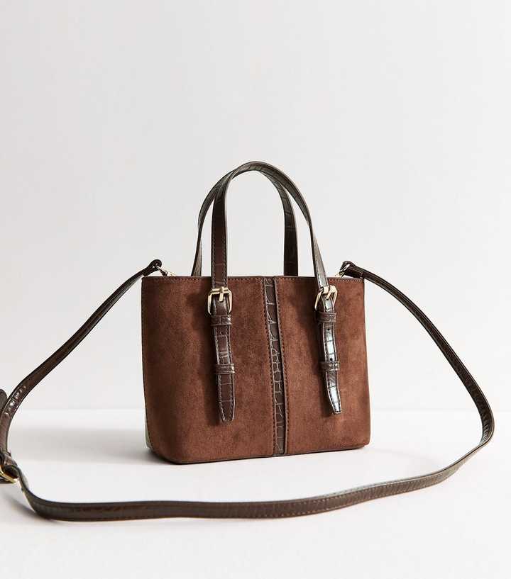 Dark Brown Faux Leather and Suede Buckle Strap Crossbody Bag