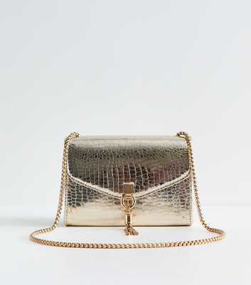 Gold Faux Leather Tassel Trim Lizard Texture Crossbody Bag