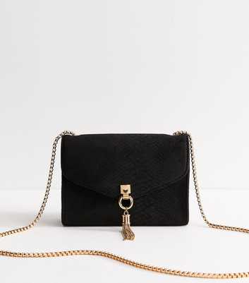 Black Faux Suede Snakeskin Embossed Tassel Charm Crossbody Bag