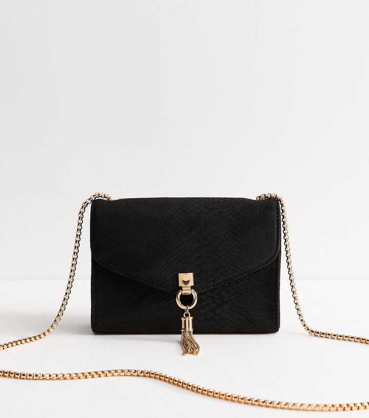 Black Faux Suede Snakeskin Embossed Tassel Charm Crossbody Bag