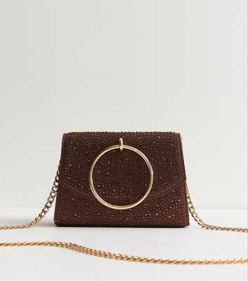 Dark Brown Gem Embellished Circular Handle Clutch Bag