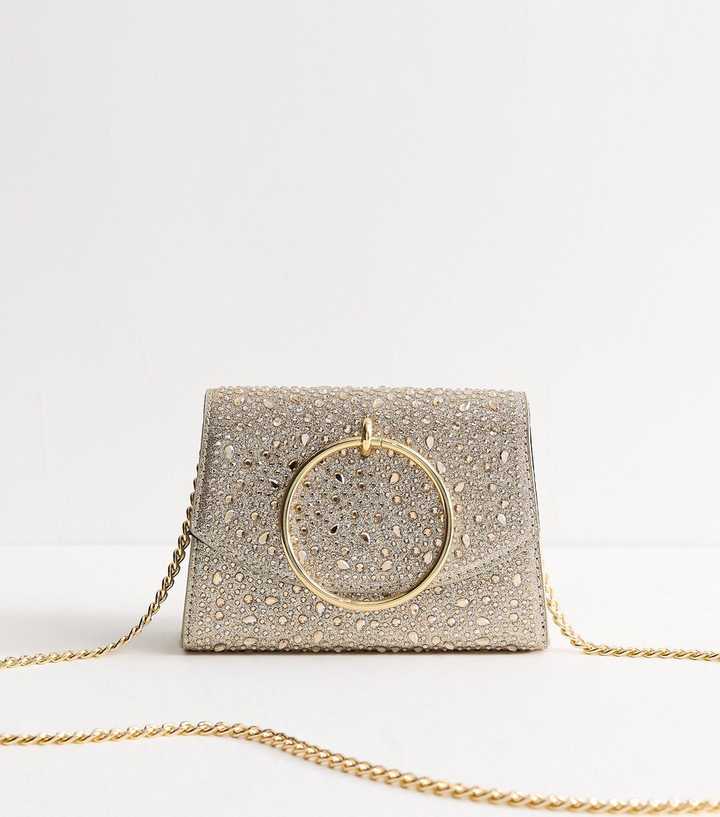 Gold Gem Embellished Circular Handle Clutch Bag