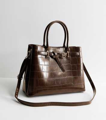 Dark Brown Faux Leather Belted Crocodile Embossed Tote Bag