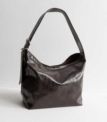 Dark Brown Faux Leather Buckle Detail Hobo Shoulder Bag