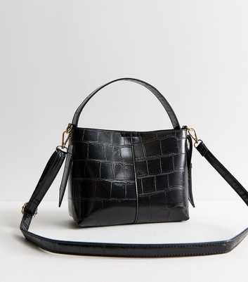 Black Faux Leather Crocodile Embossed Buckle Detail Shoulder Bag
