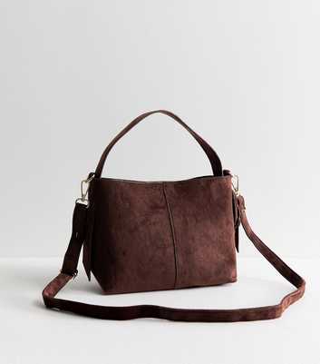 Dark Brown Faux Suede Buckle Detail Shoulder Bag