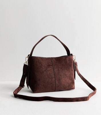Dark Brown Faux Suede Buckle Detail Shoulder Bag | New Look