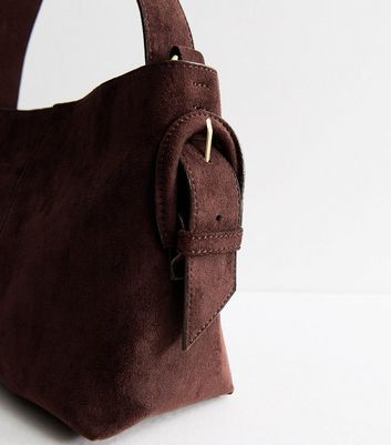 Dark Brown Faux Suede Buckle Detail Shoulder Bag | New Look