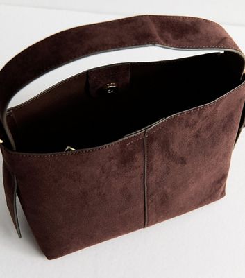 Dark Brown Faux Suede Buckle Detail Shoulder Bag | New Look