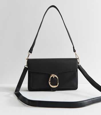 Black Pebbled Faux Leather Buckle Shoulder Bag