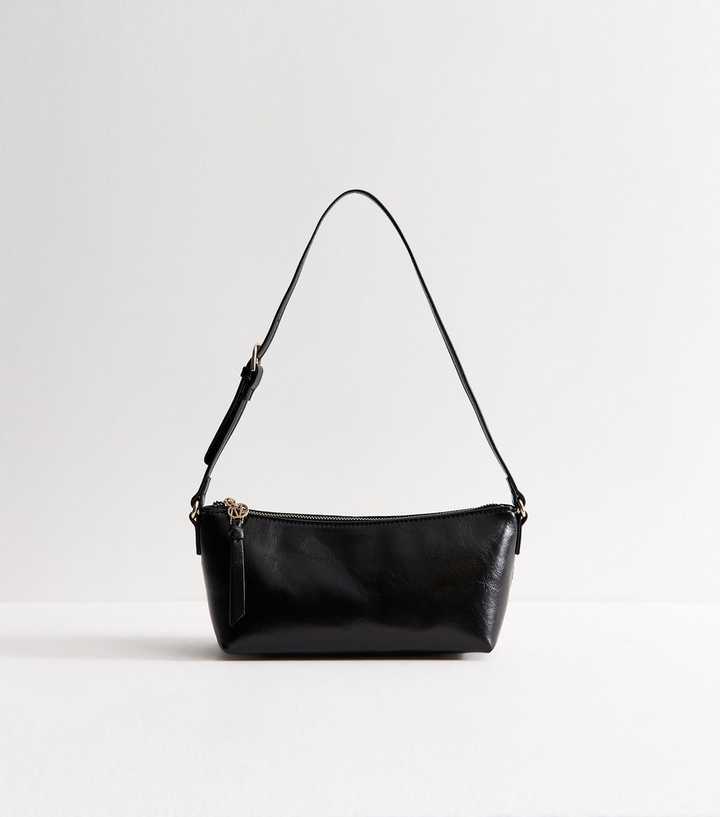 Black Faux Leather Baguette-Style Shoulder Bag